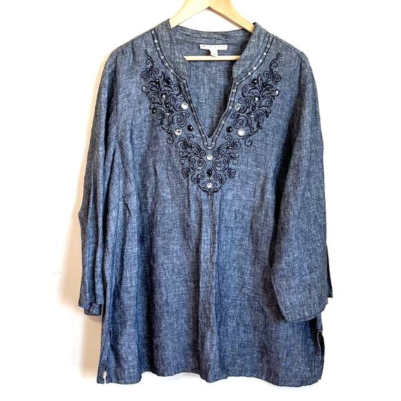 Lagenlook Boho Linen Women Shirt Size 22W Gray Artsy Boxy Embroidered Coastal - Picture 1 of 7
